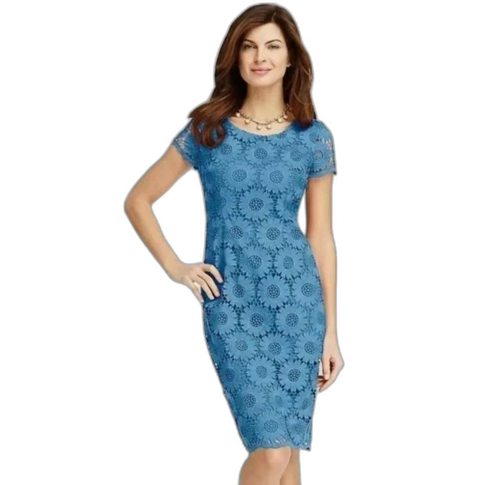 NWT Talbots Sunflower Lace Sheath Dress Size 12 Cornflower Blue Short Sleeve
